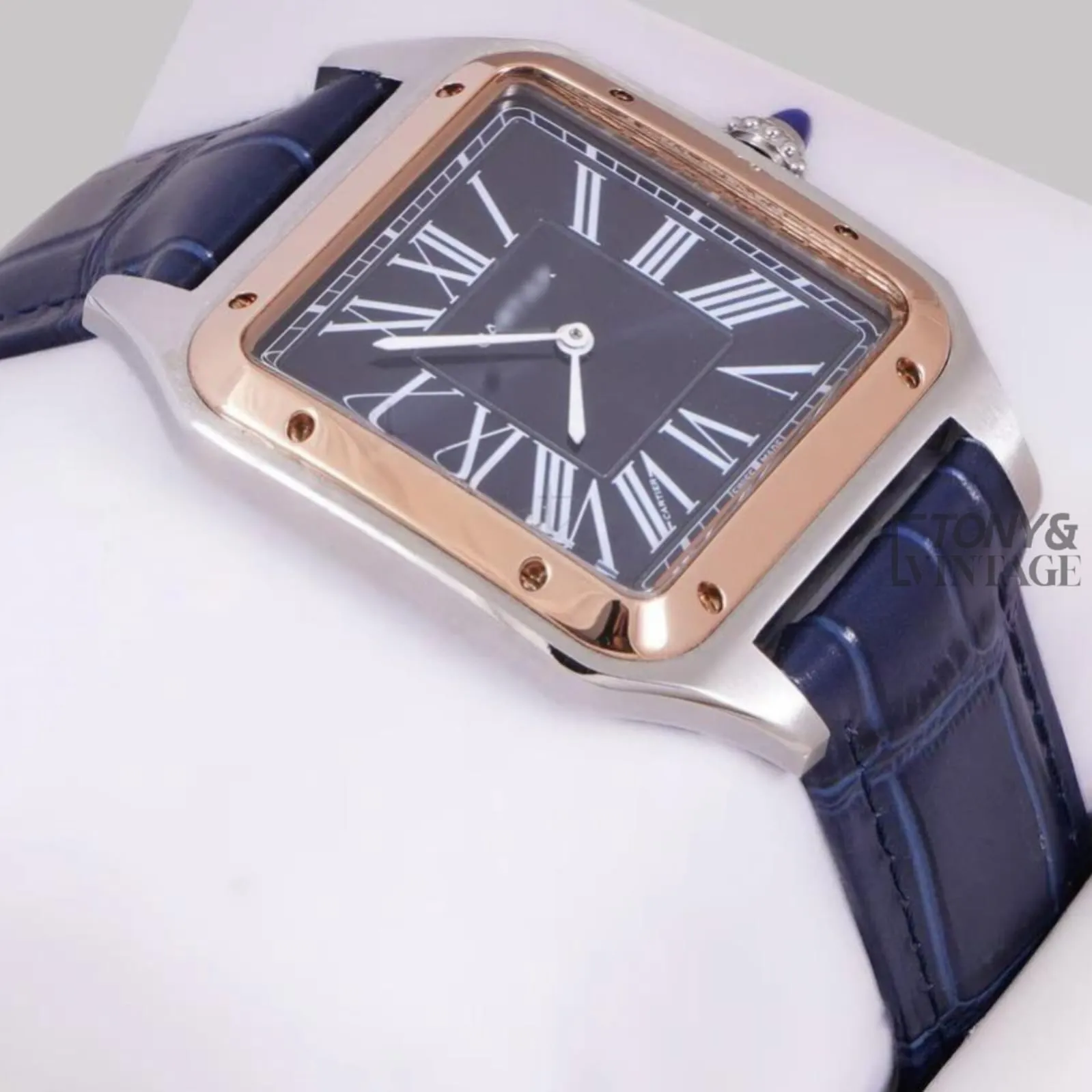 Silver Case with Rose Gold Bezel and Blue Leather Strap