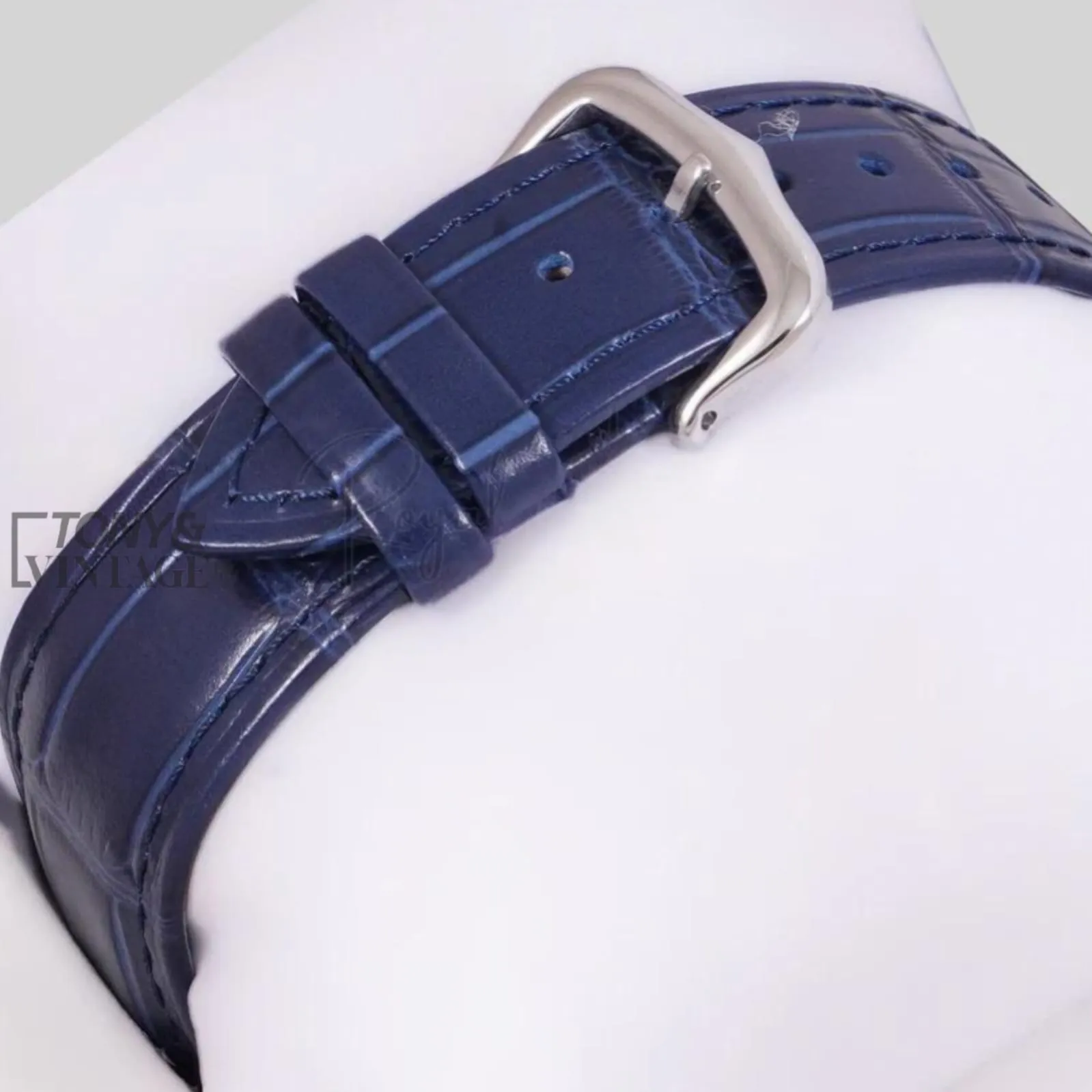 Silver Case with Rose Gold Bezel and Blue Leather Strap