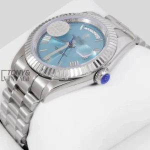 Silver Chain Automatic Watch with Blue Dial and Fluted Bezel