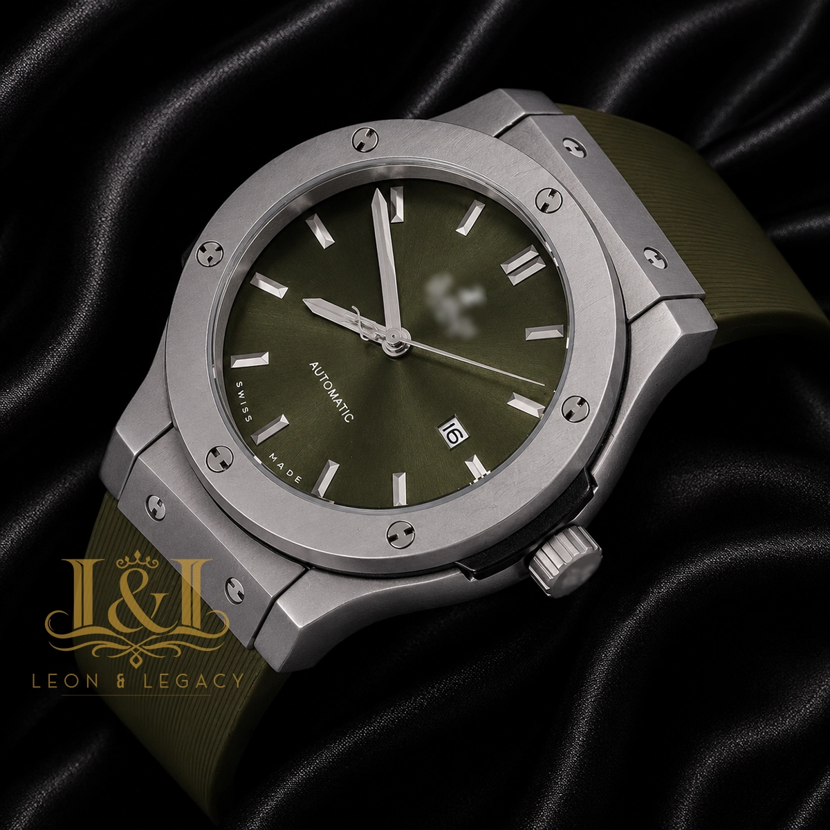 Silver Matte Watch With Green Dial and Rubber Strap 1 copy