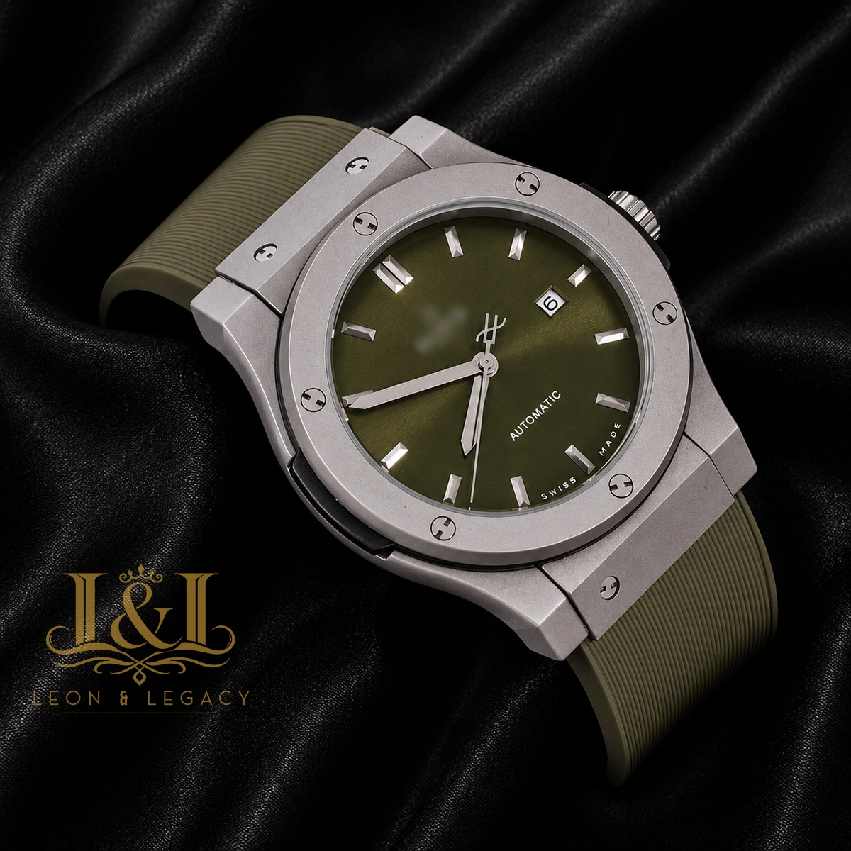 Silver Matte Watch With Green Dial and Rubber Strap