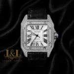 Silver Stone Case with White Dial and Black Leather Strap