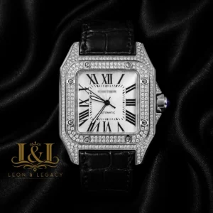 Silver Stone Case with White Dial and Black Leather Strap