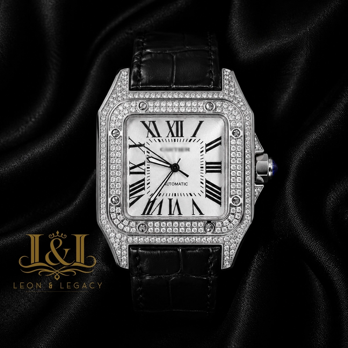 Silver Stone Case with White Dial and Black Leather Strap 1 copy