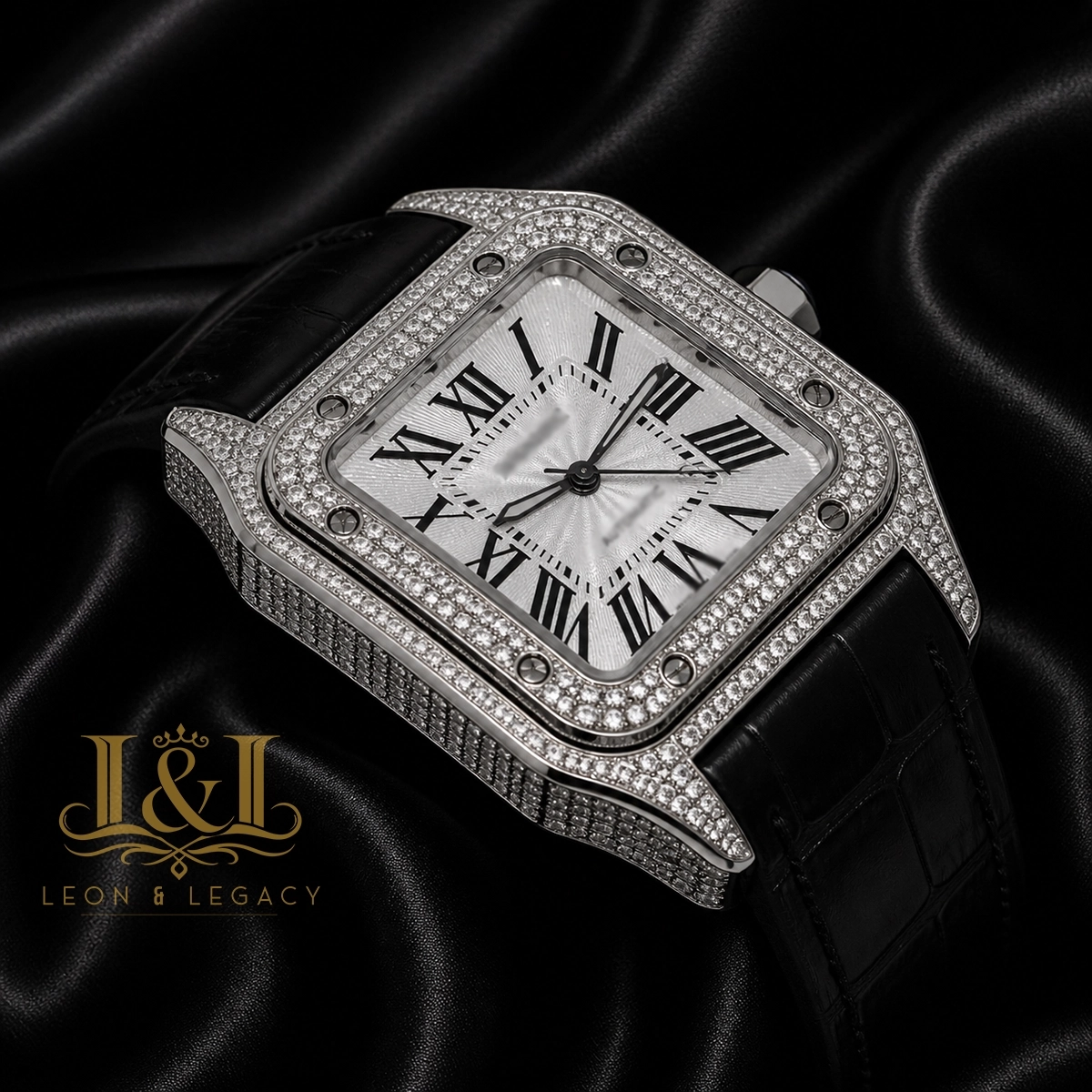 Silver Stone Case with White Dial and Black Leather Strap