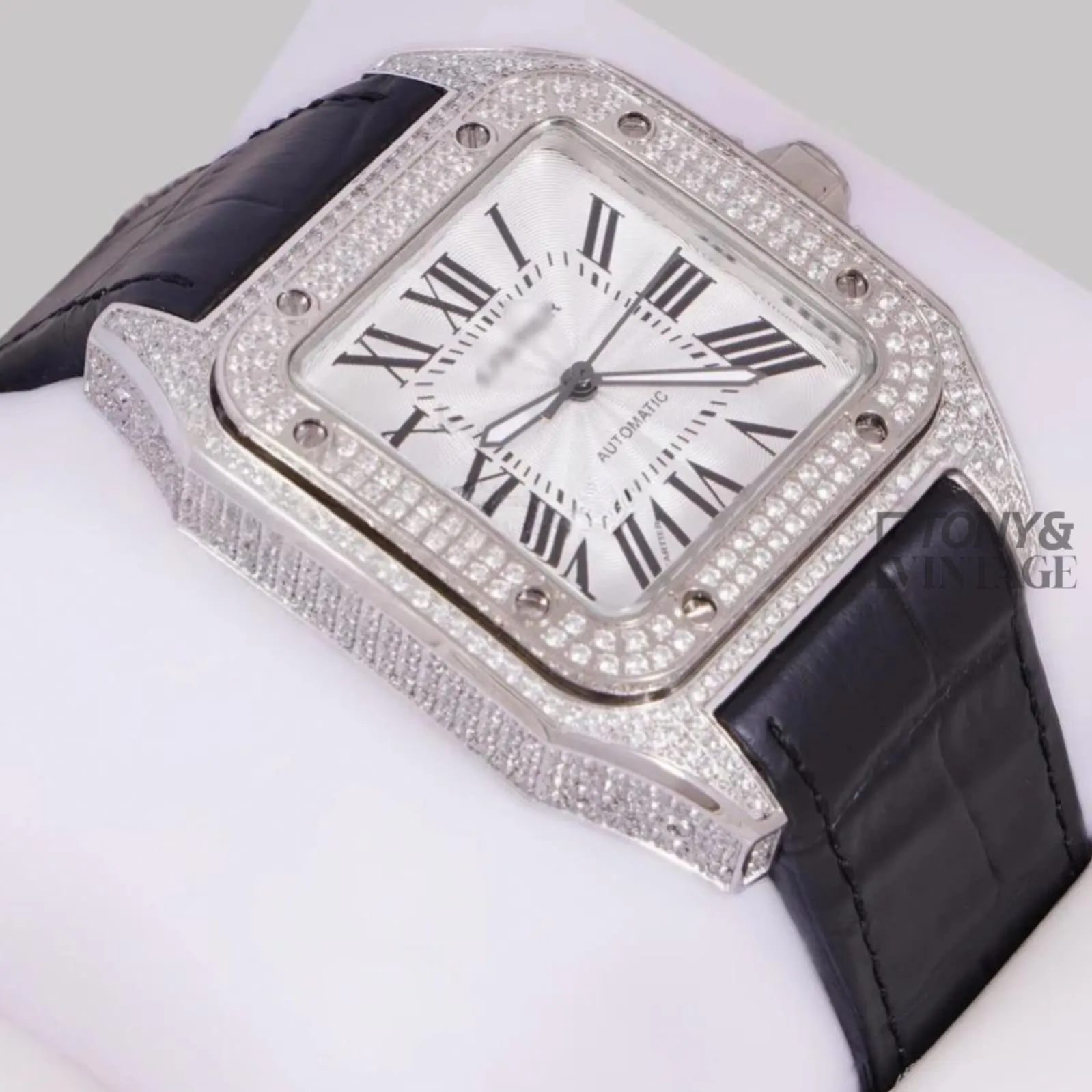 Silver Stone Case with White Dial and Black Leather Strap