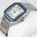 Silver Watch With Blue Bezel and White Dial Chain Strap