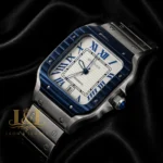 Silver Watch With Blue Bezel and White Dial Chain Strap