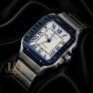 Silver Watch With Blue Bezel and White Dial Chain Strap