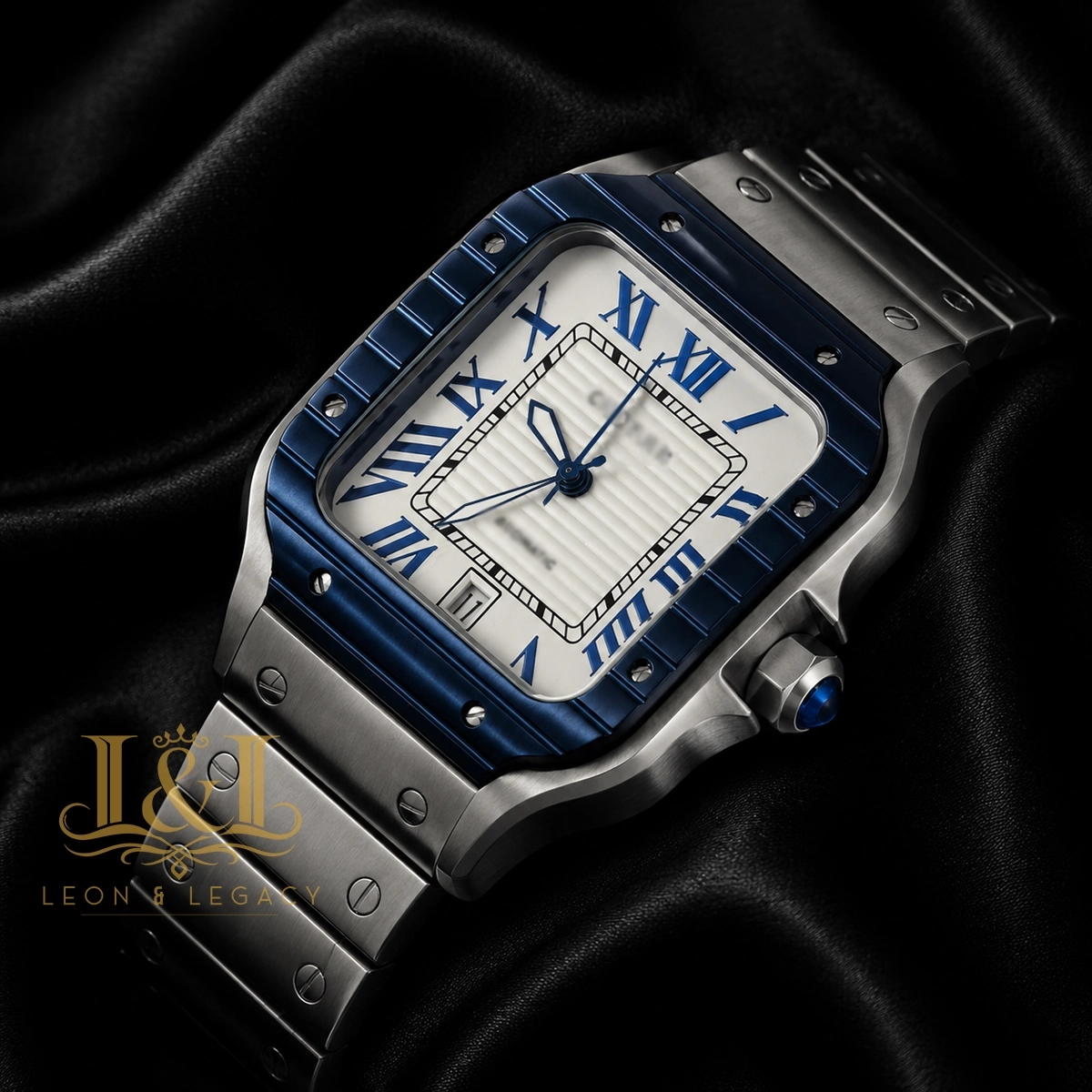 Silver Watch With Blue Bezel and White Dial Chain Strap 1 copy