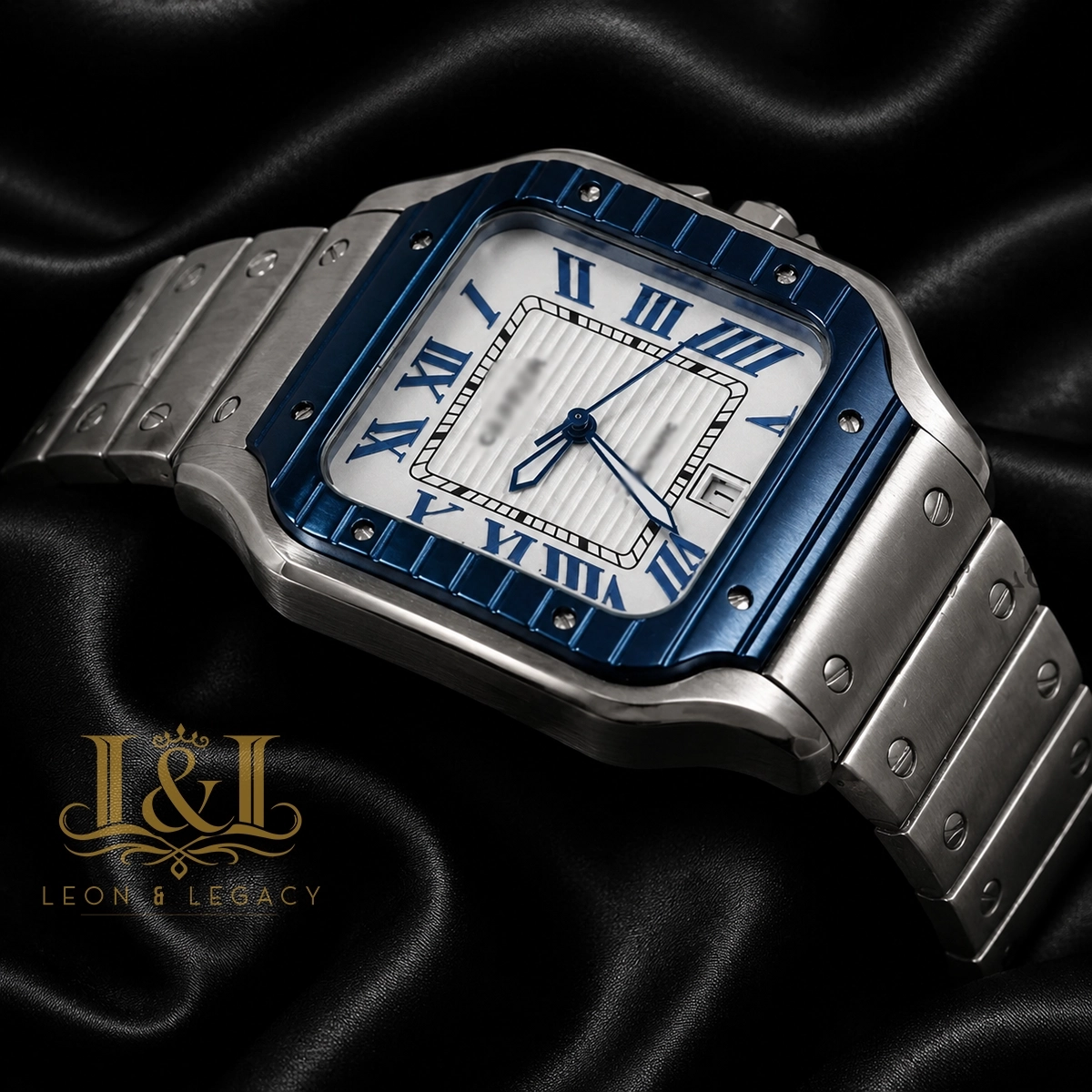 Silver Watch With Blue Bezel and White Dial Chain Strap