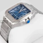 Silver Watch With Blue Dial and Roman Numerals