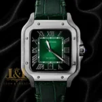 Silver Watch With Green Dial & Leather Strap