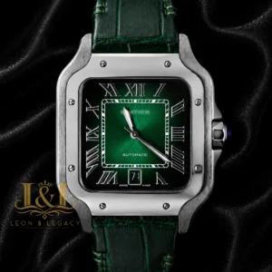 Silver Watch With Green Dial & Leather Strap