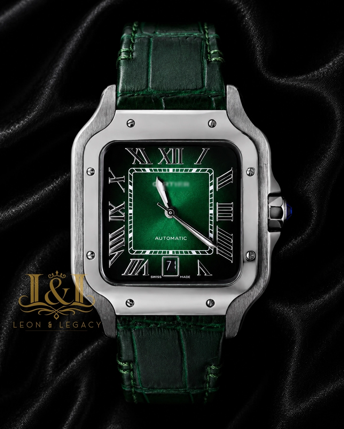 Silver Watch With Green Dial & Leather Strap copy