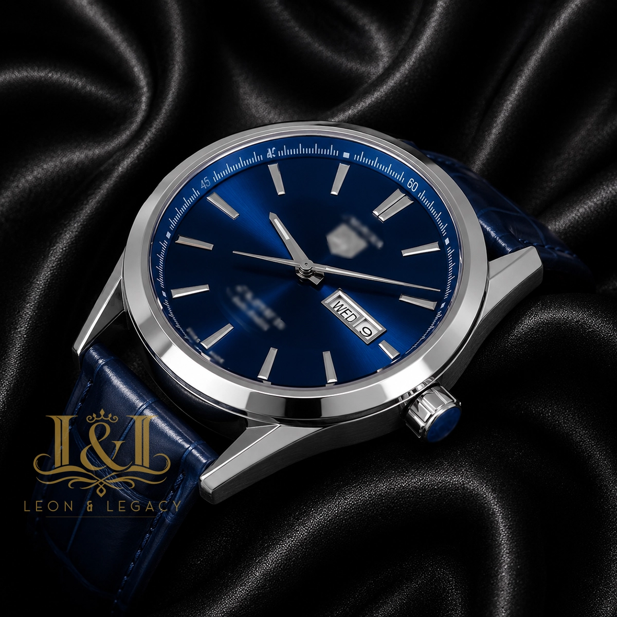 Silver Watch with Blue Dial and Leather Strap1 copy