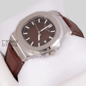 Silver Watch with Brown Dial and Leather Strap