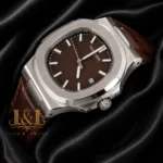 Silver Watch with Brown Dial and Leather Strap