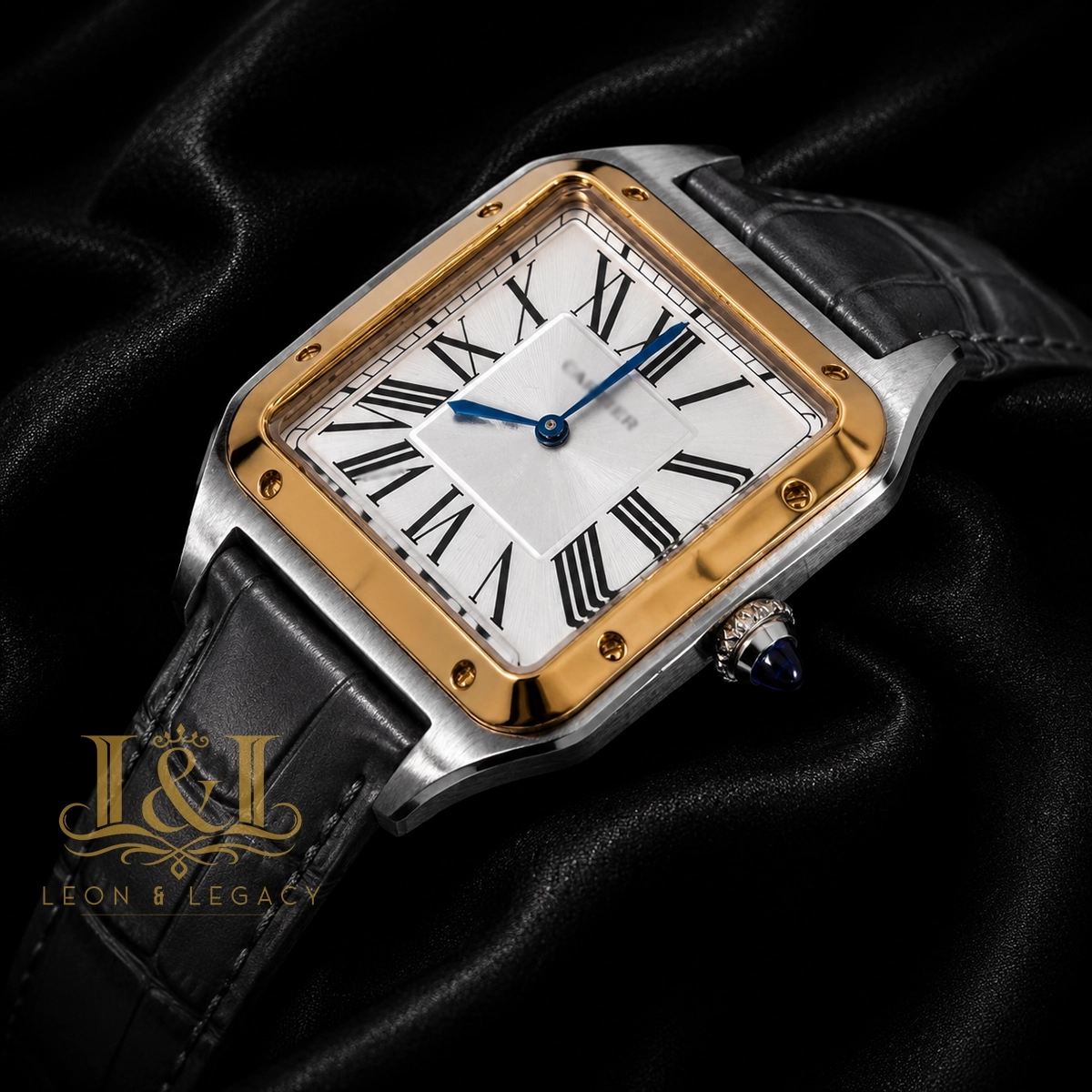 Silver Watch with Gold Bezel, Dial, and Leather Strap 1 copy
