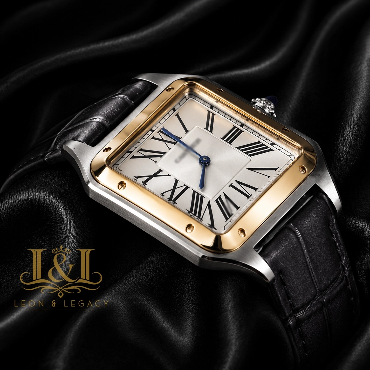 Silver Watch with Gold Bezel, Dial, and Leather Strap