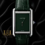 Silver Watch with Green Dial and Leather Strap