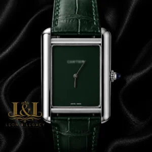 Silver Watch with Green Dial and Leather Strap