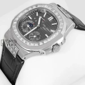 Silver Watch with Stone Bezel, Gray Dial, and Leather Strap