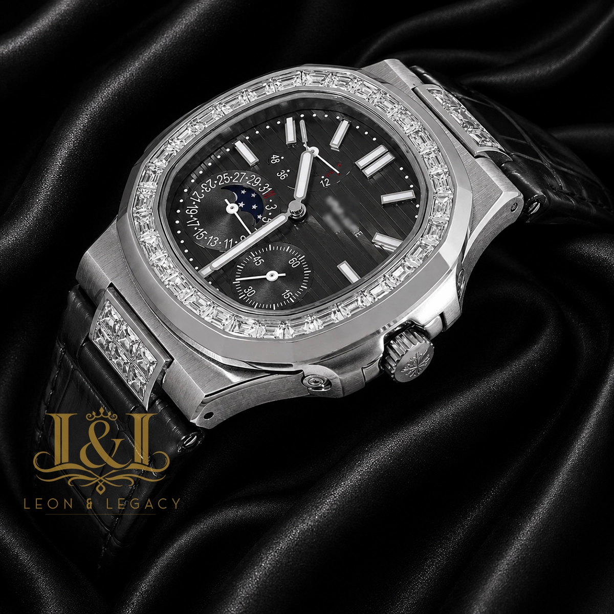 Silver Watch with Stone Bezel, Gray Dial, and Leather Strap 1 copy