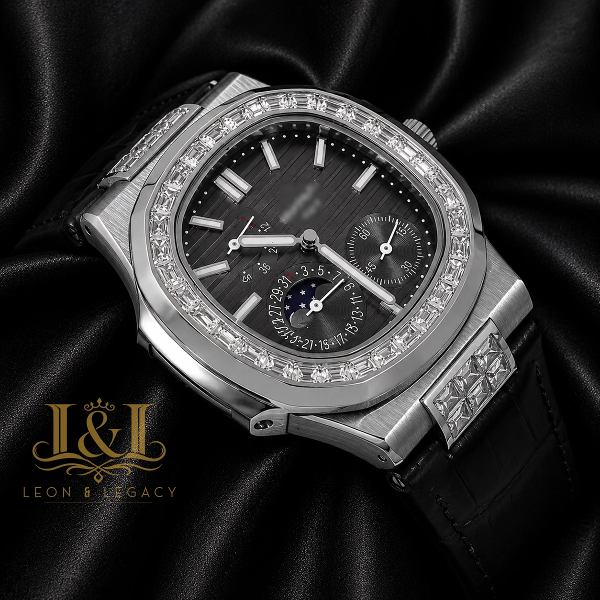 Silver Watch with Stone Bezel, Gray Dial, and Leather Strap