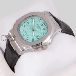 Silver Watch with Tiffany Blue Dial and Black Leather Strap