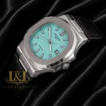 Silver Watch with Tiffany Blue Dial and Black Leather Strap