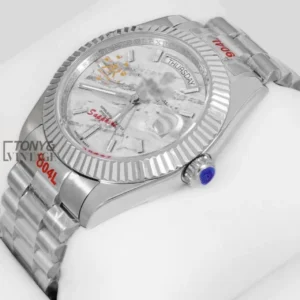Silver White Printed Dial & Fluted Bezel Automatic Watch