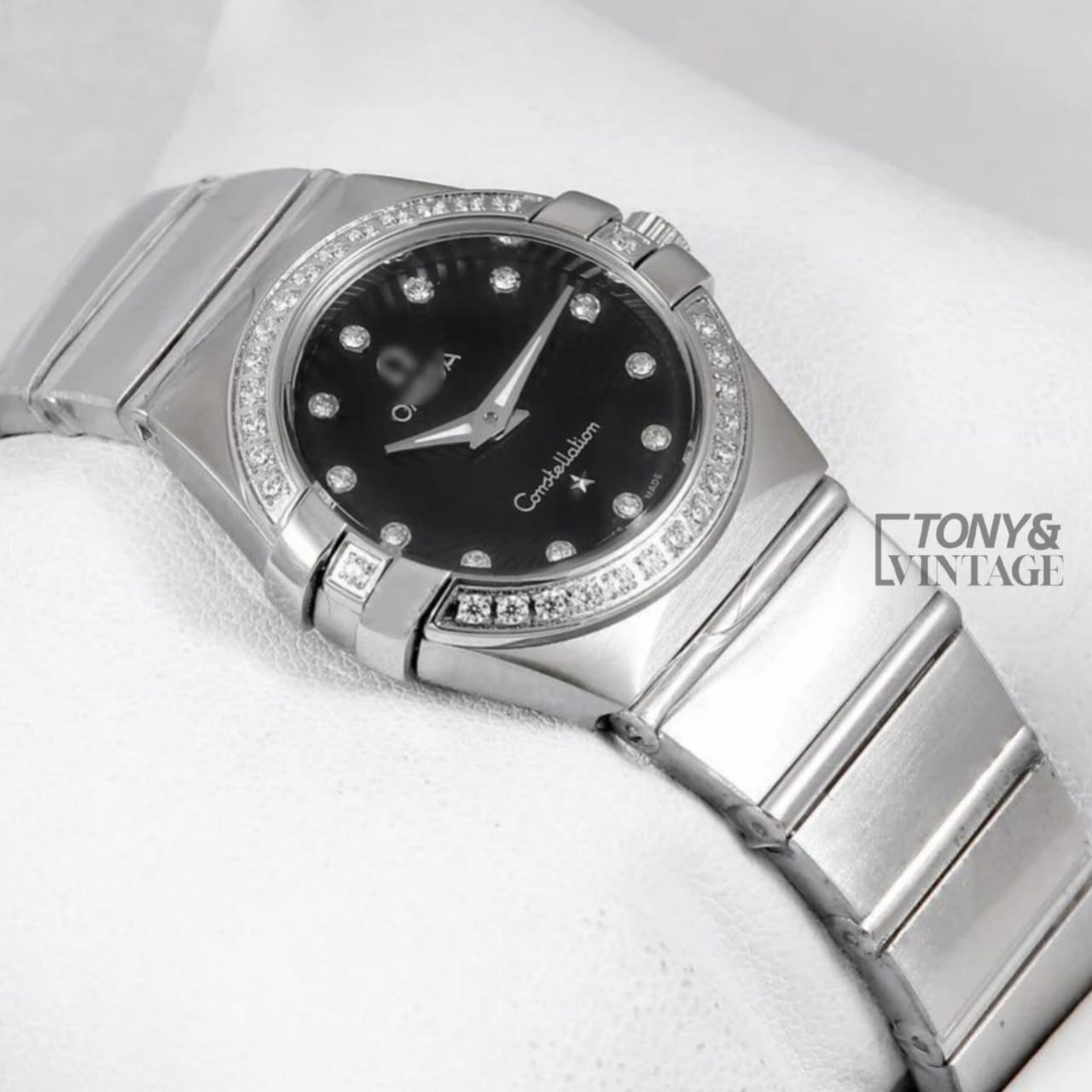 Silver With Black Dial Stone Figure & Bezel Ladies Watch