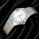 Silver With White Dial Stone Bezel Ladies Watch