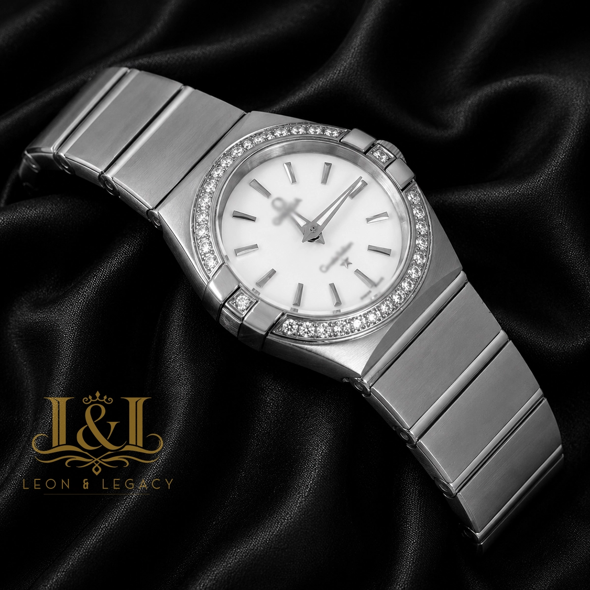 Silver With White Dial Stone Bezel Ladies Watch