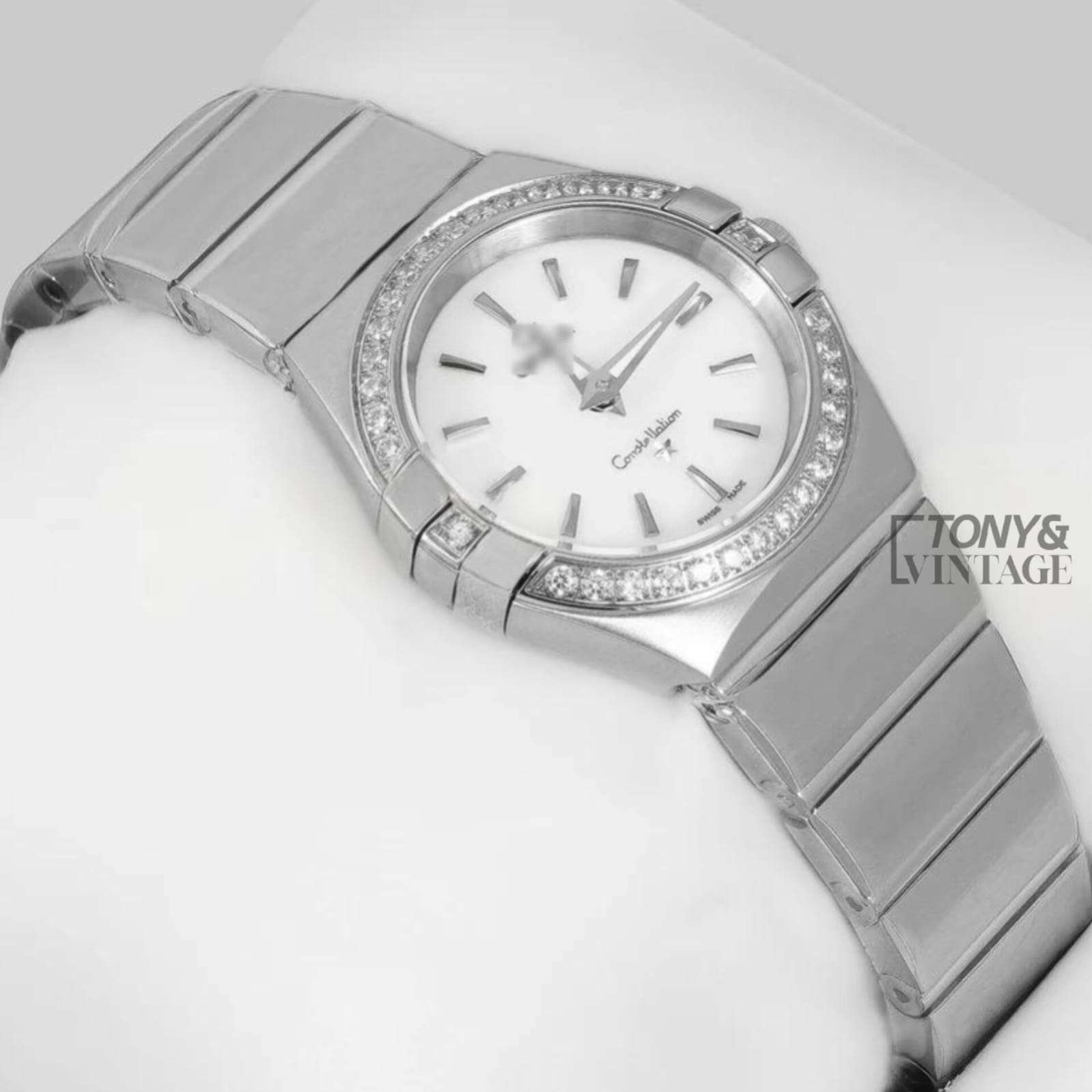 Silver With White Dial Stone Bezel Ladies Watch