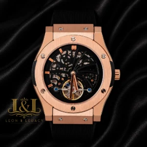 Tourbillon Automatic Rose Gold Watch With Black Skeleton Dial