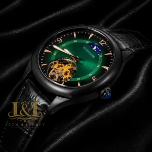 Tourbillon Black Matt Watch with Green Dial and Leather Strap