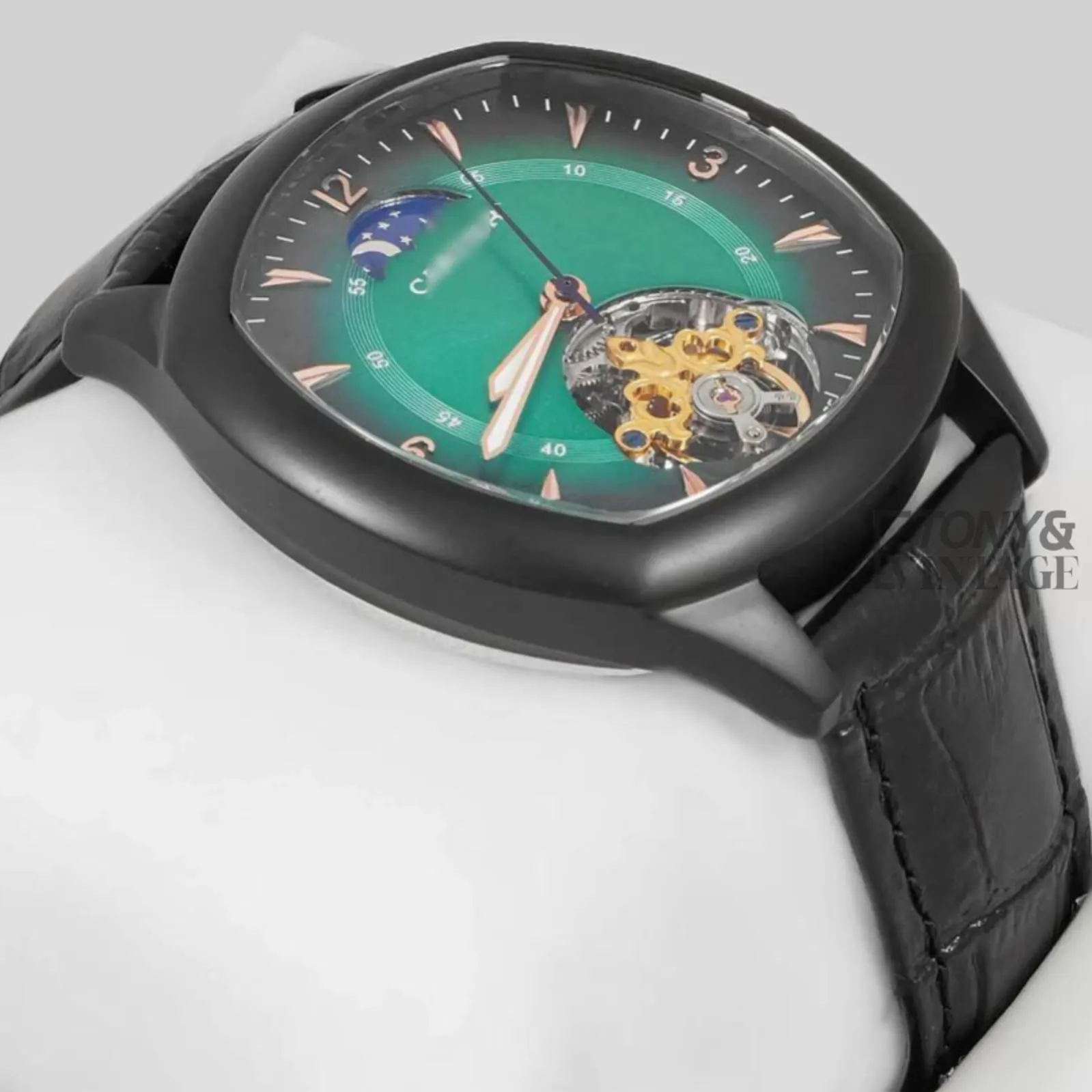 Tourbillon Black Matt Watch with Green Dial and Leather Strap