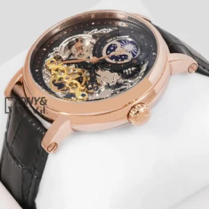 Tourbillon Moon Phase Rose Gold Case Skeleton Dial Leather Strap Men’s Watch