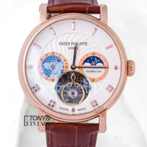Tourbillon Moon Phase Rose Gold Case White Dial Leather Strap
