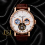 Tourbillon Moon Phase Rose Gold Case White Dial Leather Strap