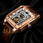 Tourbillon Moon Phase Rose Gold Case with White Skeleton Dial and Brown Leather Strap
