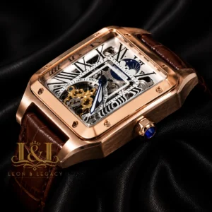 Tourbillon Moon Phase Rose Gold Case with White Skeleton Dial and Brown Leather Strap