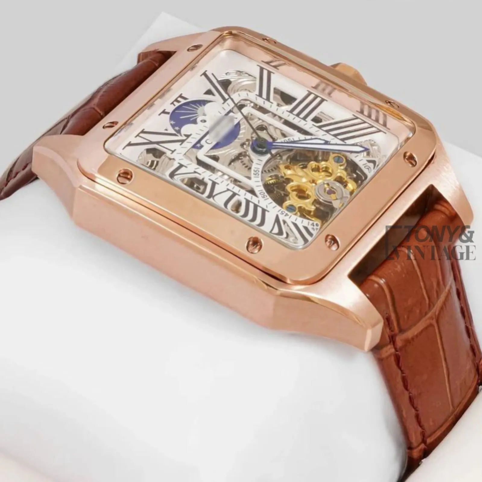 Tourbillon Moon Phase Rose Gold Case with White Skeleton Dial and Brown Leather Strap