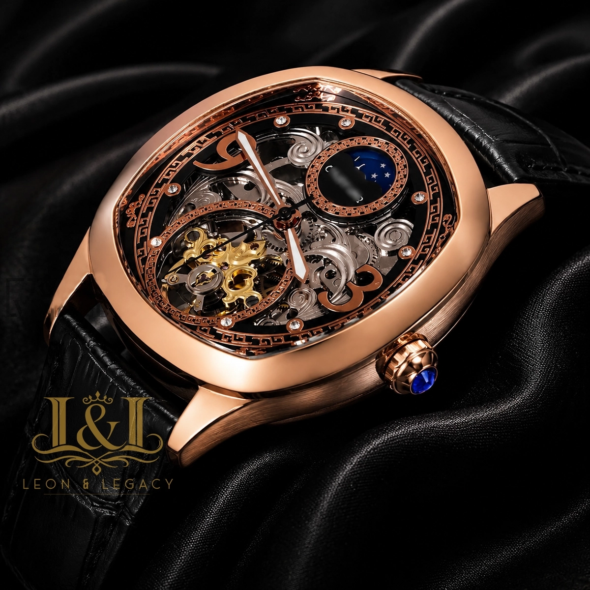 Tourbillon Moon Phase Rose Gold Watch With Black Skeleton Dial and Leather Strap 1 copy