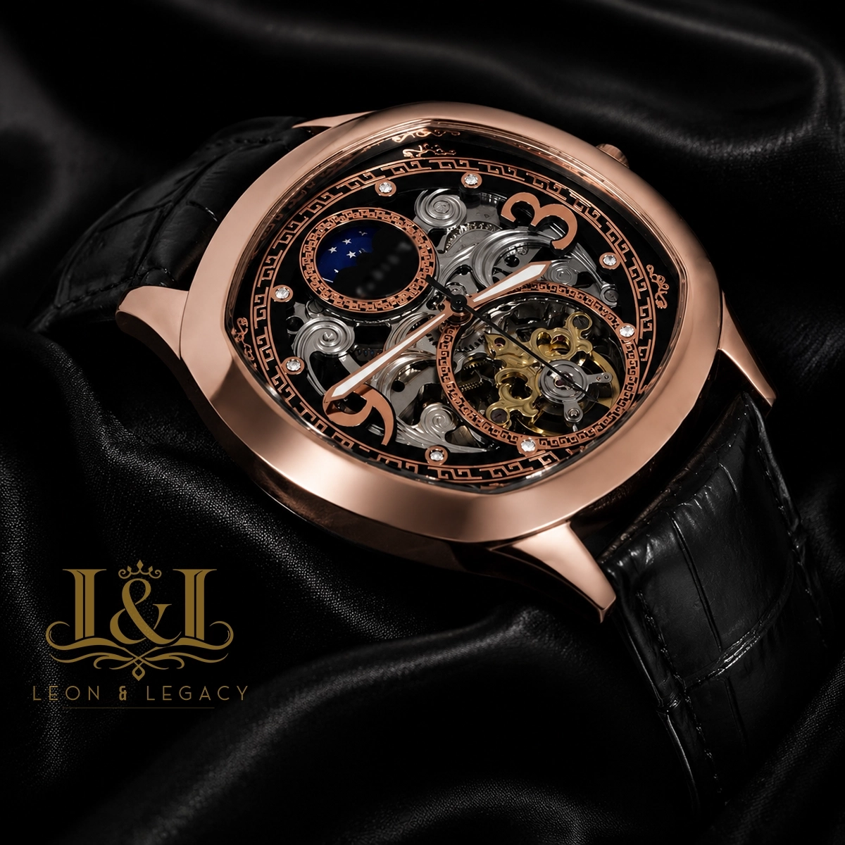Tourbillon Moon Phase Rose Gold Watch With Black Skeleton Dial and Leather Strap