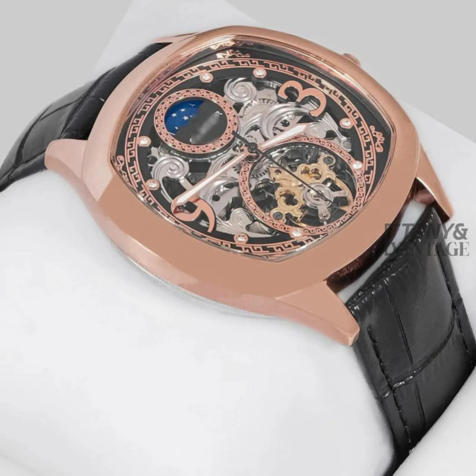 Tourbillon Moon Phase Rose Gold Watch With Black Skeleton Dial and Leather Strap