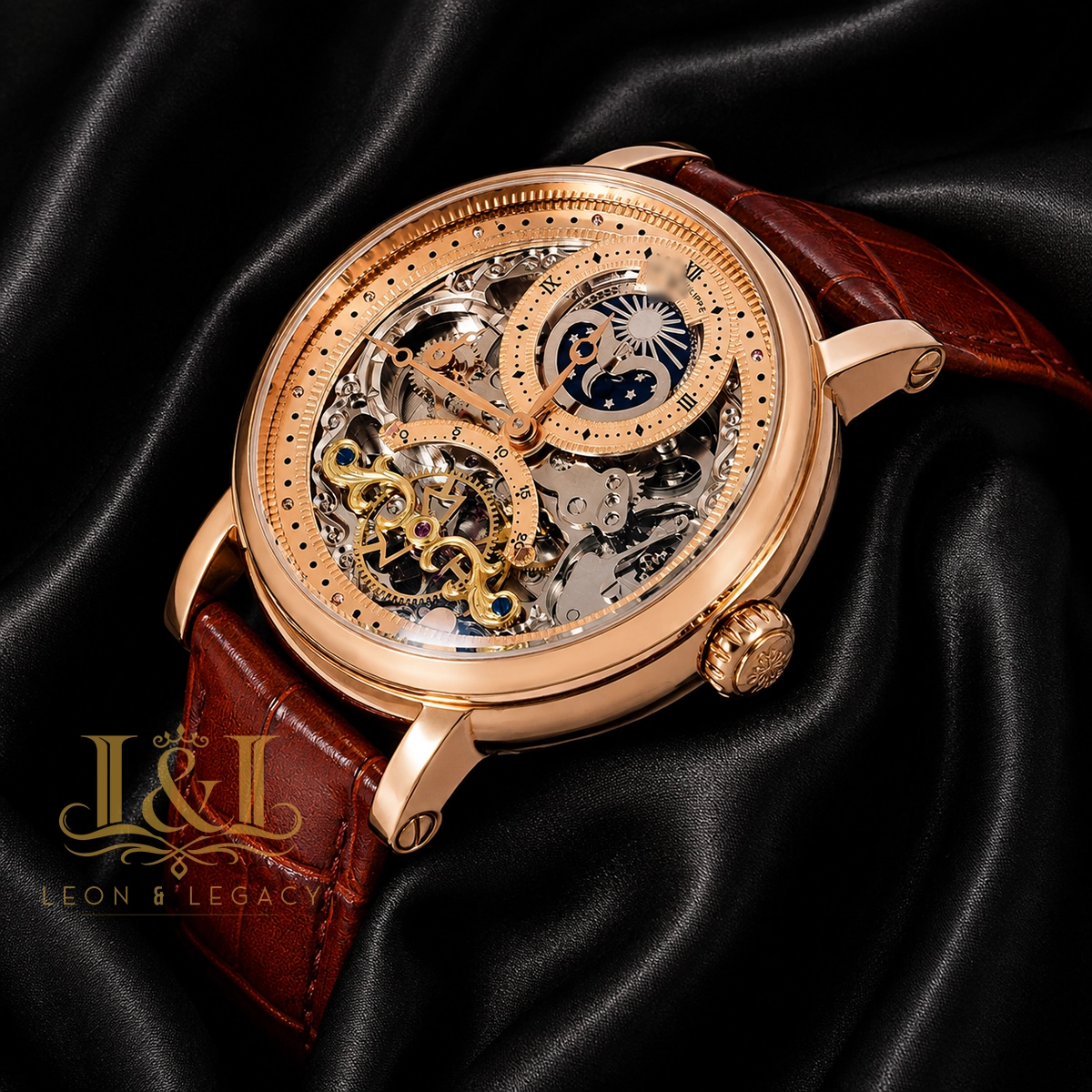 Tourbillon Moon Phase Rose Gold Watch with Skeleton Dial and Brown Leather Strap 1 copy