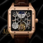 Tourbillon Moon Phase Rose Gold Watch with Skeleton Dial and Brown Leather Strap